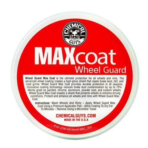 Top view of Wheel Guard Max Coat Rim Sealant 8 oz container label displaying product details and logo.