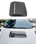 Kickass Faux Hood Vent Scoop For Tesla Cybertruck Featuring High Gloss Carbon Fiber Trim on white vehicle hood