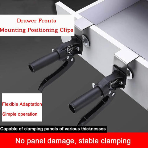 Drawer Front Installation Clamps Kit For Cabinets, Pro Grade Cabinet Mounting Tool With Replaceable Clips shown in use