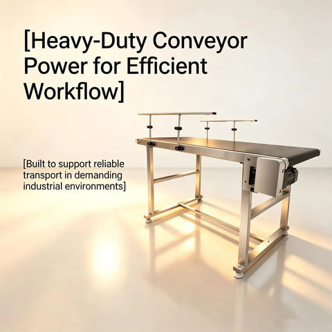 Beefy Mini Conveyor Belt With Guardrails, 55x22 Inch Stainless Steel Frame, Variable Speed 3-120 RPM, shown in industrial setup