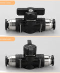Durable Pneumatic Ball Valve 12mm x 12mm OD Push to Connect Fitting for Air and Hydraulic Lines, side view showing ventilation