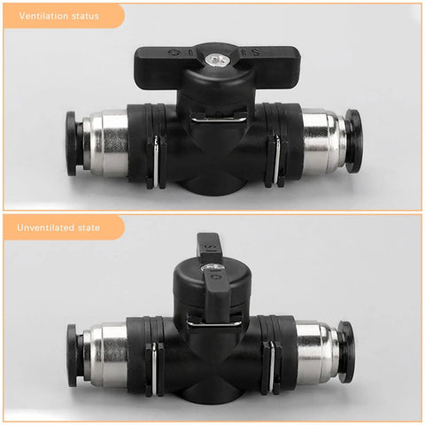 Durable Pneumatic Ball Valve 12mm x 12mm OD Push to Connect Fitting for Air and Hydraulic Lines, side view showing ventilation
