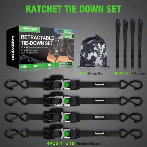 4 Pack Retractable Ratchet Straps 1 Inch x 10 Feet 1650 Pound Break Strength Heavy Duty Self Retracting Tie Down Straps with accessories