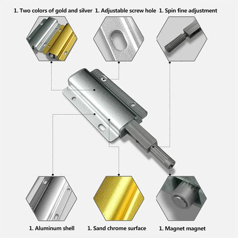 Heavy Duty Magnetic Push Latch Set For Doors And Cabinets 2 Pack Cabinet Touch Latches details aluminum shell and sand chrome