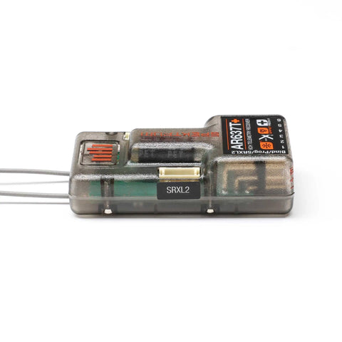 Side view of a Six Channel AS3X Plus and SAFE Telemetry Receiver for model aircraft with one wire telemetry, clear casing visible.