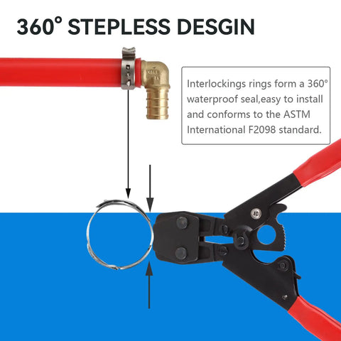 100 Pack Half Inch PEX Cinch Clamp Rings Heavy Duty 304 Stainless Steel PEX Crimp Rings and pinch clamp tool in use