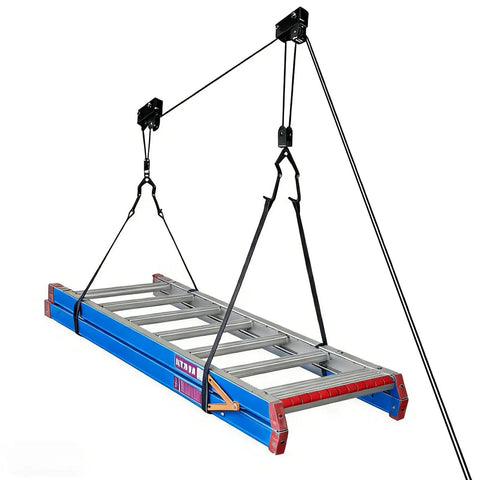 Dual Overhead Ladder Storage Hoist For Garage Or Shed Ceiling Pulley Lift System Holds 125 Lb And Fits Folding Telescoping Extension And Step Ladders Easy Install And Smooth Retrieval