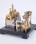 Full Metal Steam Engine Model Kit With Horizontal Boiler on black base, side view of brass and steel construction