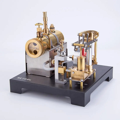 Full Metal Steam Engine Model Kit With Horizontal Boiler on black base, side view of brass and steel construction
