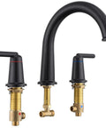 Wintap matte black 3-hole widespread bathtub faucet set with high-arc spout and two lever handles, brass valves.