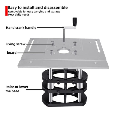 Router Lift Base For Small Milling And Trimming Machines With 4 Jaw Clamping Built Tough From Aluminum Alloy And Stainless Steel, Metal Milling Table Lifting System, Lift Up To 54mm, Clamp Diameter 64 To 66mm Black installed on router table