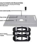 Heavy Duty Aluminum Router Lift Featuring Rock Solid Four Jaw Clamping And Smooth Adjustable Height Design With Rust Resistant Steel Rod For Badass Woodworking Projects showing hand crank handle and fixings