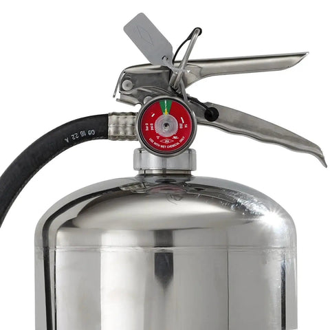Six Liter Class K Wet Chemical Fire Extinguisher Packed With Stainless Steel Valve And Wall Mount Hanger For Commercial Kitchen Grease Flames Ready To Squash Hot Oil And Save The Day