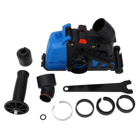 Heavy Duty Angle Grinder Dust Collecting Guard With Quick Slide Hookup And Adjustable 0 To 45 Mm Depth Universal Fit For 4 And 5 Inch Tools parts and accessories laid out.