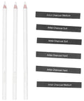White Charcoal Pencils Sketching Set For Beginners And Pros, wooden handles, charcoal sticks, art tools visible on white background.