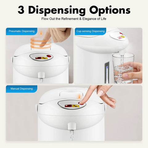 Heavy Duty Three Liter Hot Water Dispenser Serving Top Tier Auto And Manual Pouring Lines with three dispensing options.