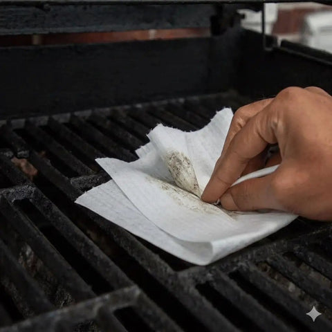 Hand wiping a grill with 350 Count White Heavy-Duty Shop Towels, Ultra Absorbent Industrial Wipers, Disposable Cleaning Cloths for Grill.