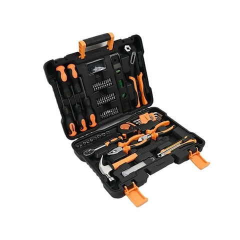 Go Anywhere 109 Piece Socket And Wrench Set Auto Repair Combo Kit Portable Garage Tools displayed in a organized carrying case.