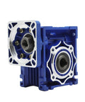 Blue NMRV040 worm gear reducer with silver mounting flanges, front and side view.