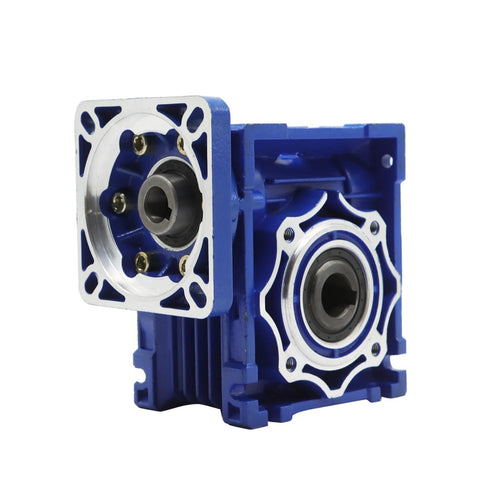 Blue NMRV040 worm gear reducer with silver mounting flanges, front and side view.