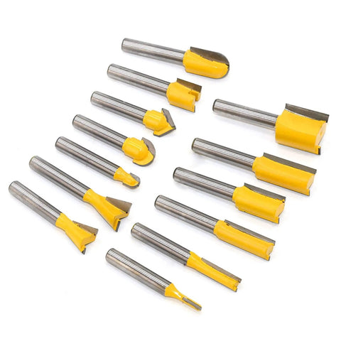 Pro Level Tungsten Carbide Router Bit Set 35 Piece Kit With Solid Quarter Inch Shank, featuring yellow-coated cutting edges.