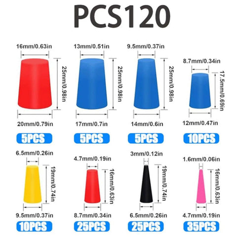 Heavy Duty Silicone Tapered Plug Kit Assortment 120 Pcs High Temp Resistant Hole Plugs Perfect For Media Blasting And Coating Jobs Portable Storage Box Included With Sizes From 1/16 Inch To 5/8 Inch; assorted colored plugs