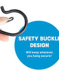 17 Pack S Hooks With Safety Lock Clip, 3.5 Inch Stainless Steel S Shaped Locking Hooks For Dorm Kitchen Plants Pots Towels Bags, Heavy Duty Space Saver, Black, close-up of safety buckle design.