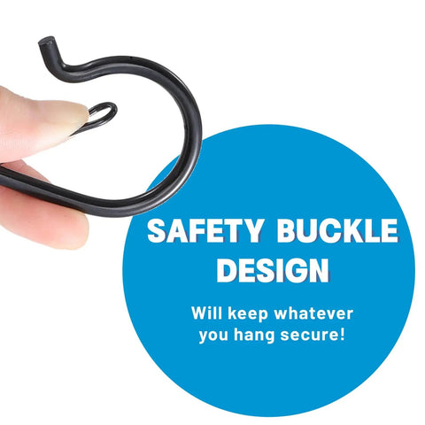 17 Pack S Hooks With Safety Lock Clip, 3.5 Inch Stainless Steel S Shaped Locking Hooks For Dorm Kitchen Plants Pots Towels Bags, Heavy Duty Space Saver, Black, close-up of safety buckle design.