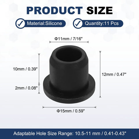 11 Pack T Shaped Silicone Plugs 11.3mm Diameter 7/16 Inch Snap In Hole Seal Product Size with Dimensions and Features