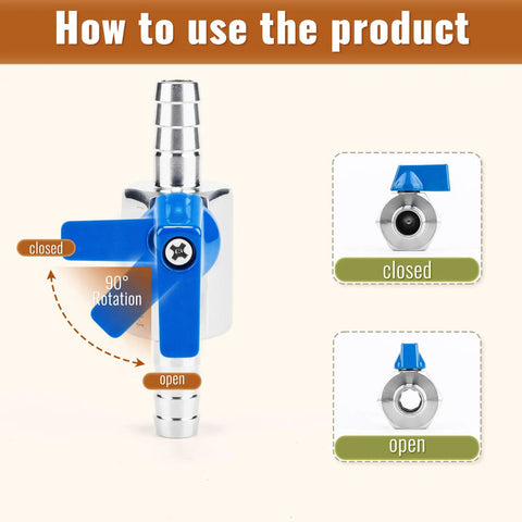Diagram showing operation of Two Pack One Quarter Inch Hose Barb Ball Valve Kit In Stainless Steel With Clamps Mini Shut Off Valve rotation.