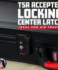 Close-up of TSA locking latch on molded flight case for SG style double cutaway guitars with ergonomic red handle