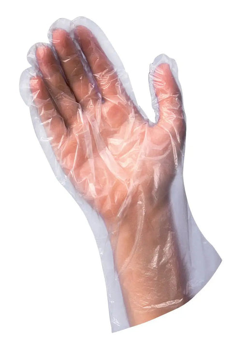 Hand wearing Disposable Food Safe Poly Gloves 1000 Count One Size Embossed Grip For Superior Handling Longer Length Cuff