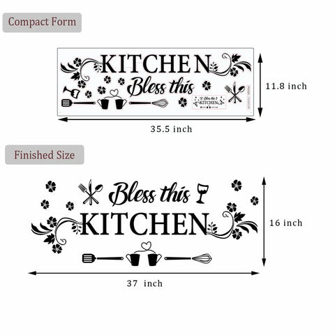 Bless This Kitchen Wall Decor Sticker With Flower Art Removable DIY Vinyl Decal shown in compact and finished sizes.