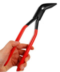 Person holding Seam Metal Bender Tool Hand Seamer Pliers with red handles, designed for metal bending and flattening.