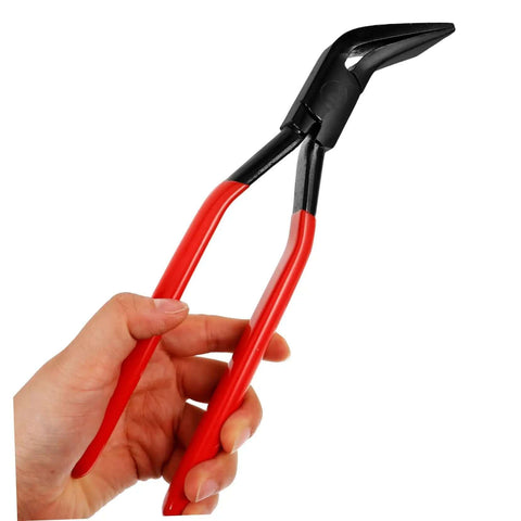 Person holding Seam Metal Bender Tool Hand Seamer Pliers with red handles, designed for metal bending and flattening.