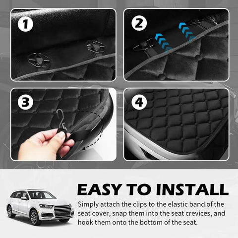 Installation guide for Cozy Plush Car Seat Covers With Side Pockets, showing clips and anti-slip base for easy fit on car seats.