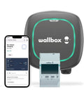 Smart Power Meter For EV Chargers With Dynamic Load Management That Auto Regulates Heavy Grid Demand For Home And Commercial Charging Stations To Crush High Rates next to smartphone and wallbox pulsar charger.
