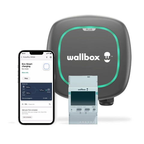 Smart Power Meter For EV Chargers With Dynamic Load Management That Auto Regulates Heavy Grid Demand For Home And Commercial Charging Stations To Crush High Rates next to smartphone and wallbox pulsar charger.