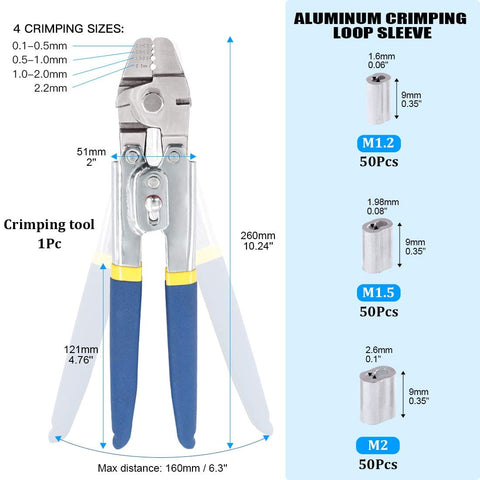 2.2mm Wire Rope Crimping Tool Kit With 150Pcs 3 Size Aluminum Double Barrel Ferrule Sleeves, Heavy Duty Stainless Steel For Durable Loop Sleeve Crimps