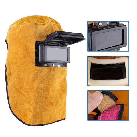 Leather Welding Mask With Flip Lens Adjustable Hood Sweat Absorbing Heat Resistant And Breathable Face Shield For Welding Jobs At Shops And Industrial Workplaces