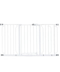 Extra Wide Baby Gate For Doorways And Stairs 29 To 56 Inches, Pressure Mounted Safety Gate For Babies Toddlers And Pets, No Fuss One Hand Door Release, Tested And Trusted By American Parents, Designed And Owned In The USA. White metal gate with secure lock.