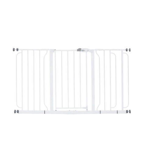 Extra Wide Baby Gate For Doorways And Stairs 29 To 56 Inches, Pressure Mounted Safety Gate For Babies Toddlers And Pets, No Fuss One Hand Door Release, Tested And Trusted By American Parents, Designed And Owned In The USA. White metal gate with secure lock.
