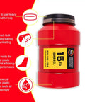 Close-up of red 15 lb barrel from 15 Pound Rock Tumbler Kit With Grit Included, featuring a rubber cap and labeled design details.