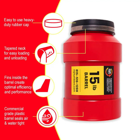 Red 15 lb barrel of the Single Barrel Rotary Brass Tumbler With Stainless Steel Pins For Rock Polishing, highlighting features