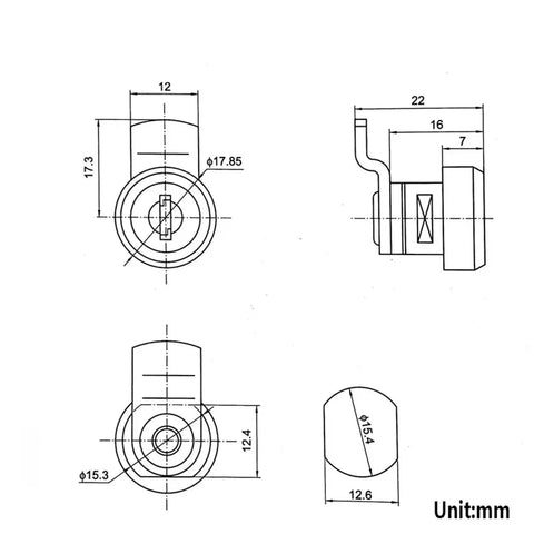 Technical drawing of Industrial Cam Lock Kit for Cabinets and Control Panels with Key Alike MA102 H