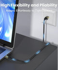 Cat 6 Ethernet Cable 100 Ft Outdoor Indoor 23AWG 10Gbps connected to laptop and wall for flexible tight space installation.
