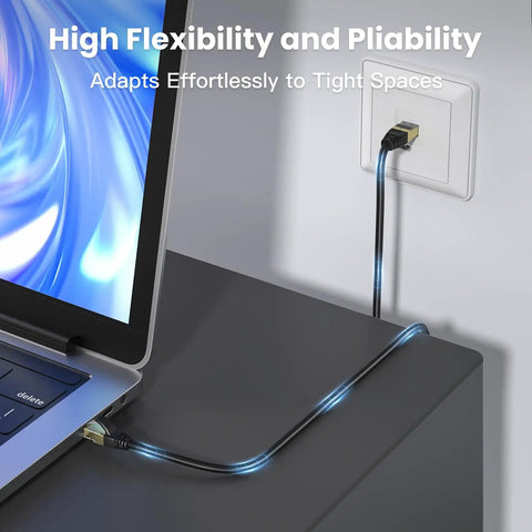 Cat 6 Ethernet Cable 100 Ft Outdoor Indoor 23AWG 10Gbps connected to laptop and wall for flexible tight space installation.