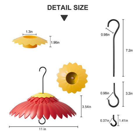 Detail dimensions of Hummingbird Weather Dome Rain Cover With Built In Moat for 11 inch feeders with hooks, red and yellow components.