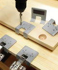 Easy Hinge Mate Door Jamb Jig For Precise Mortise And Hinge Cutting shown on wood with drill and hinges, compact design