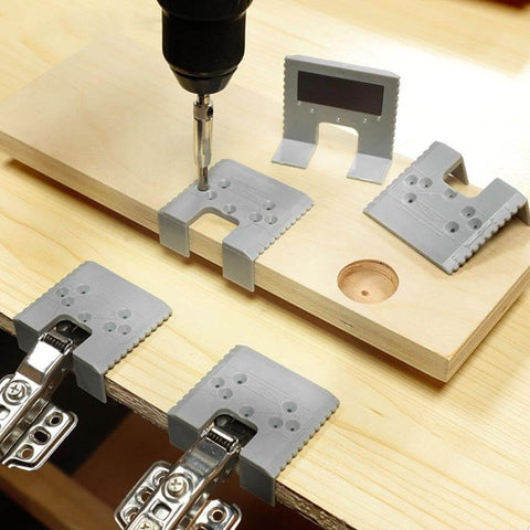 Cabinet Hinge Jig Kit For Quick, Precise Mounting, Pro Grade Auxiliary Tool And Fixing Plate Set in use on wood panel